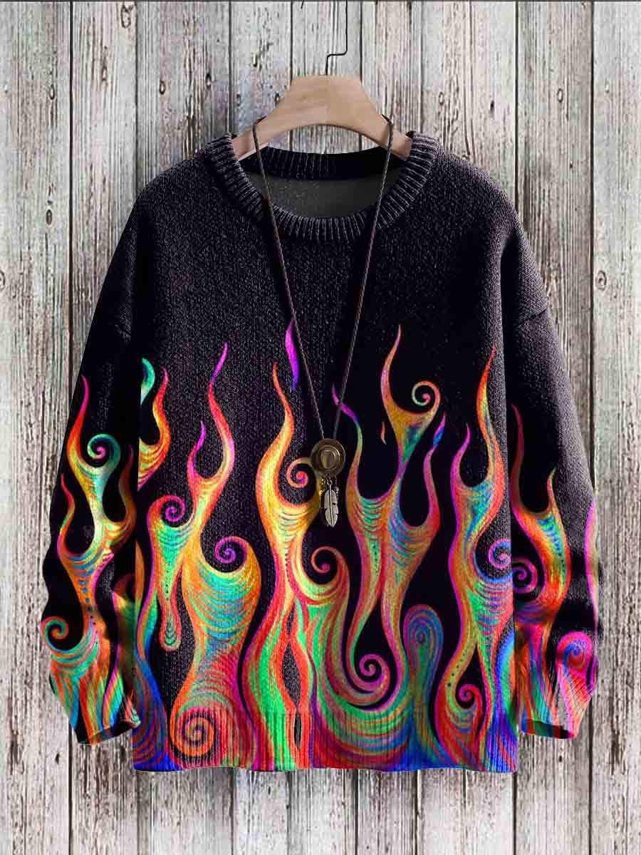 Sweater Vintage Rainbow Flame Art Print Casual Knit Pullover Sweater - DUVAL