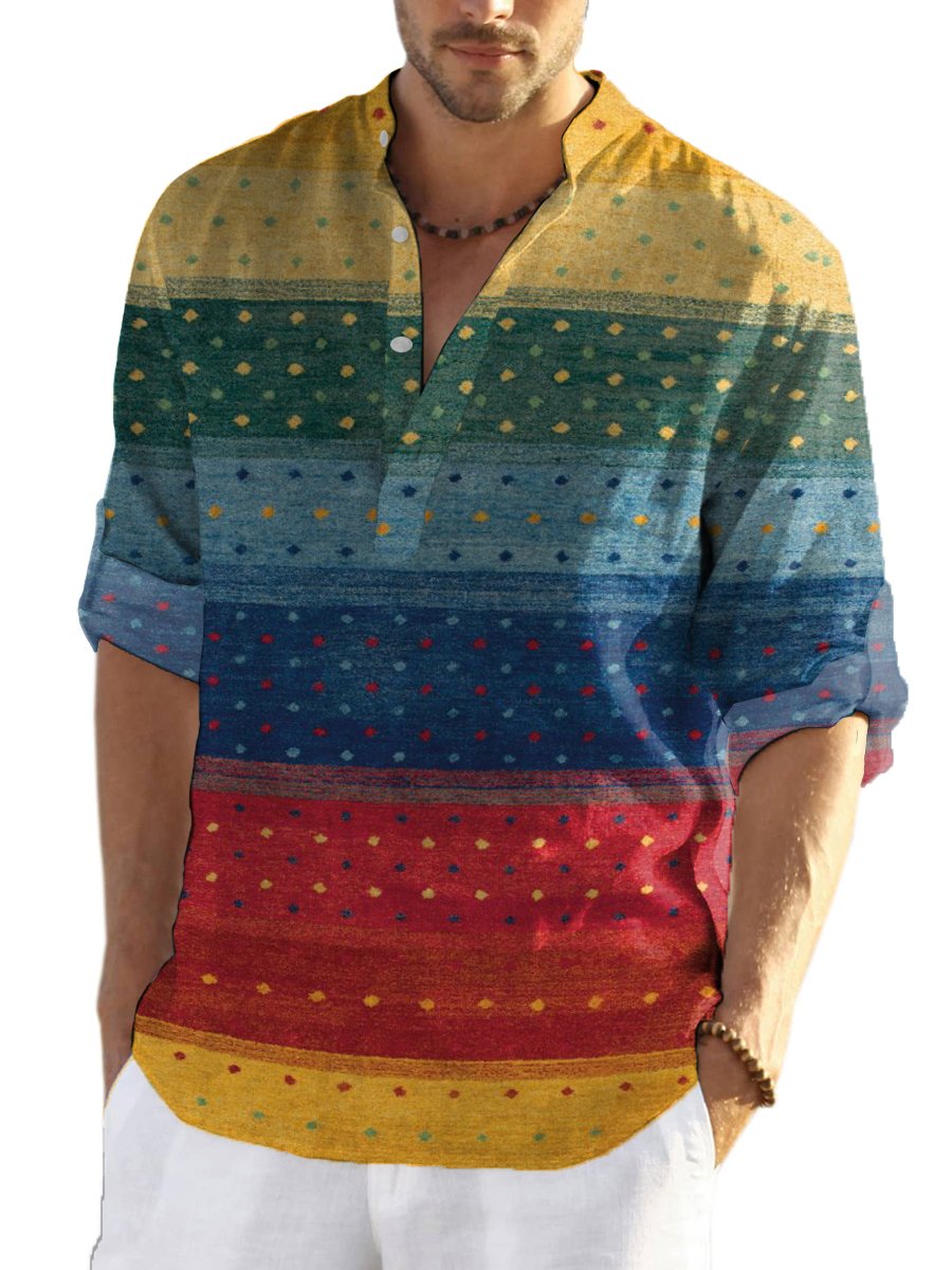 Casual Shirt Vintage Multicolor Print Button Down Long Sleeve Henley Shirt - DUVAL