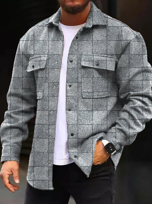 Men's Casual Jacket Fall Plaid Print Long Sleeve Pockets Jacket