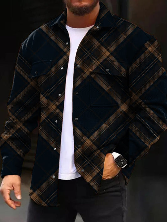 Men's Casual Jacket Fashion Brown Check Blue Print Long Sleeve Pocket Jacket
