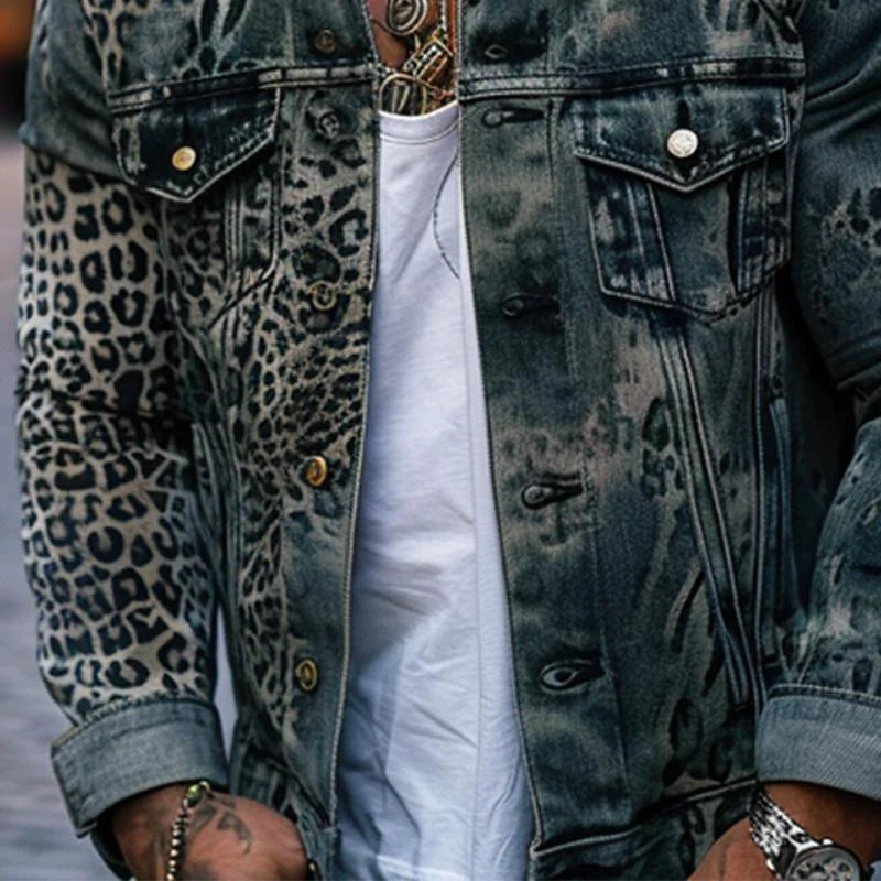 Men's Leopard Ombre Print Denim Trucker Jacket