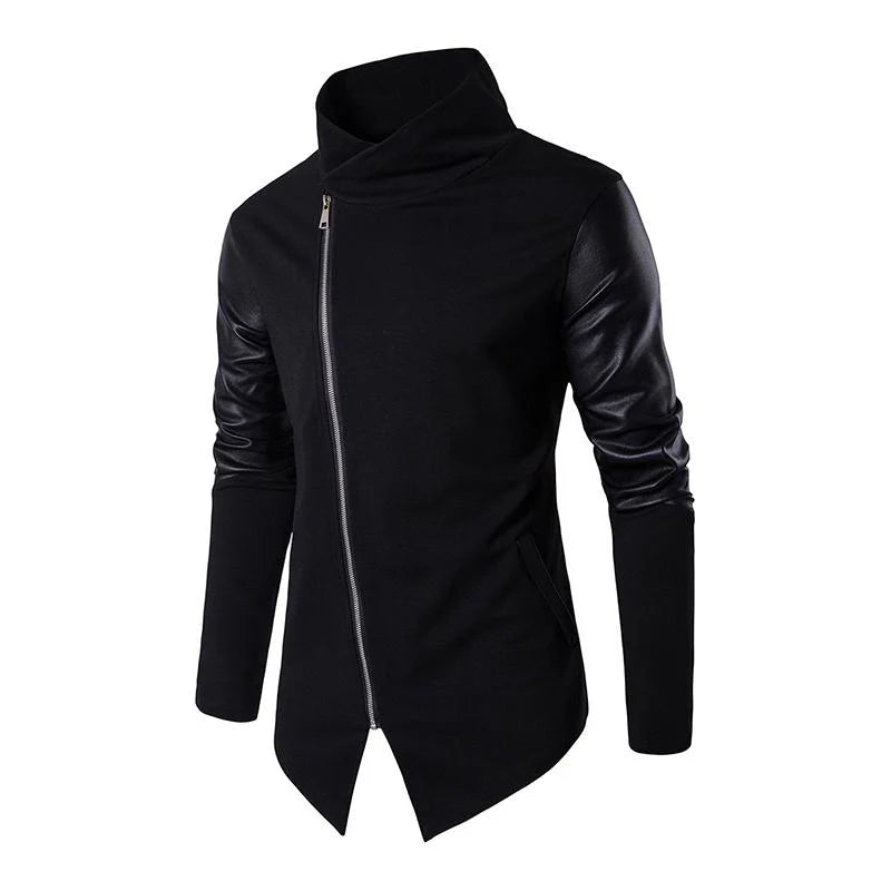 Men's Casual Stand Collar Slim Knit Leather Panel Jacket