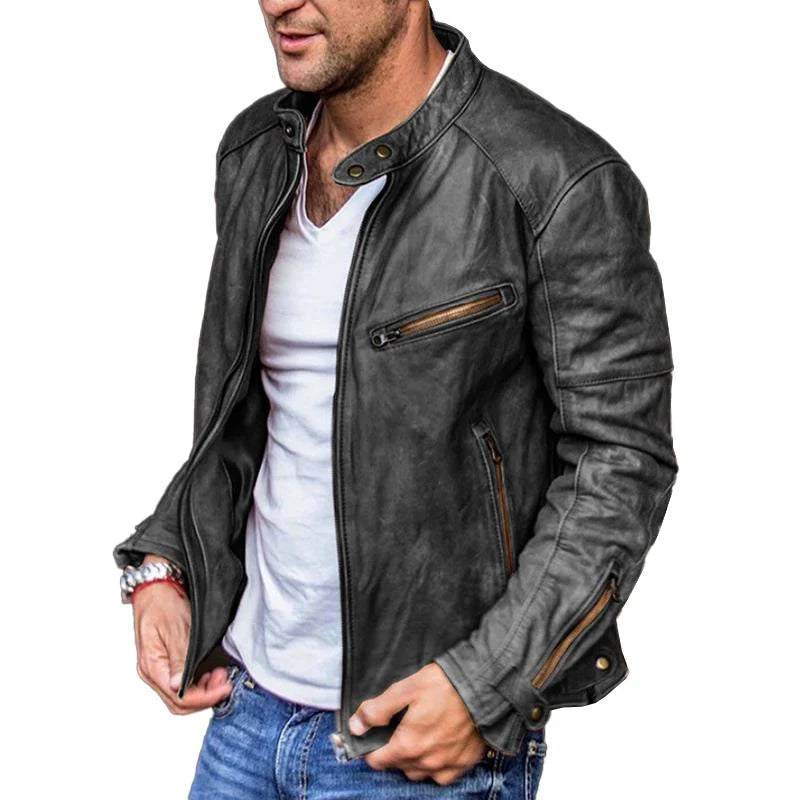 Men's Vintage Stand Collar Punk Zipper Leather Biker Jacket