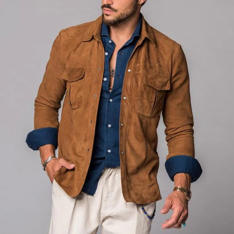 Men's Vintage Suede Double Breast Pocket Lapel Overshirt