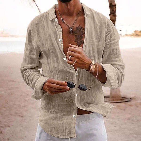 Casual Solid Color Lapel Cotton Linen Long-Sleeved Shirt