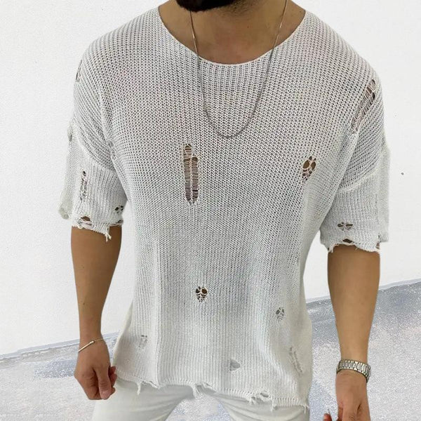 Casual Round Neck Short Sleeve Hollow Knit Pullover Sweater