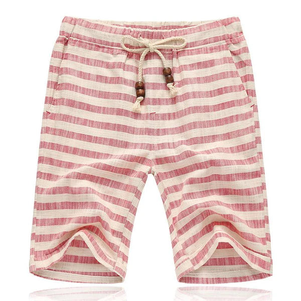 Casual Cotton Linen Stripe Elastic Waist Straight Shorts