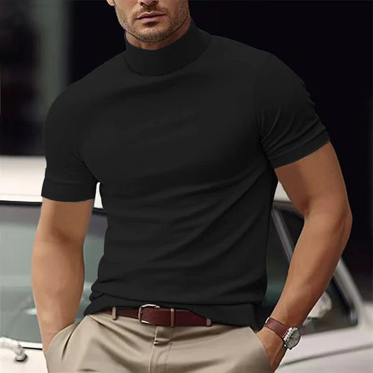 Solid Color Half Turtle Neck Slim Fit Short Sleeve T-Shirt