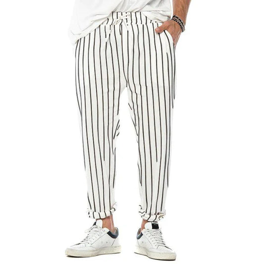 Vertical Striped Cotton And Linen Straight Loose Trendy Casual Trousers