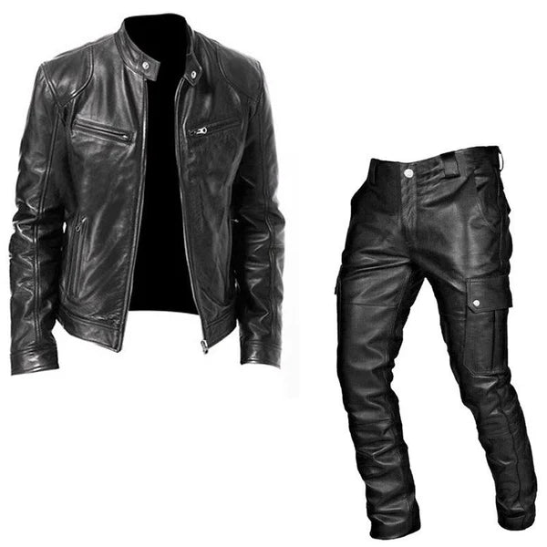 Vintage Rugged Style Leather Jacket Leather Pants Set