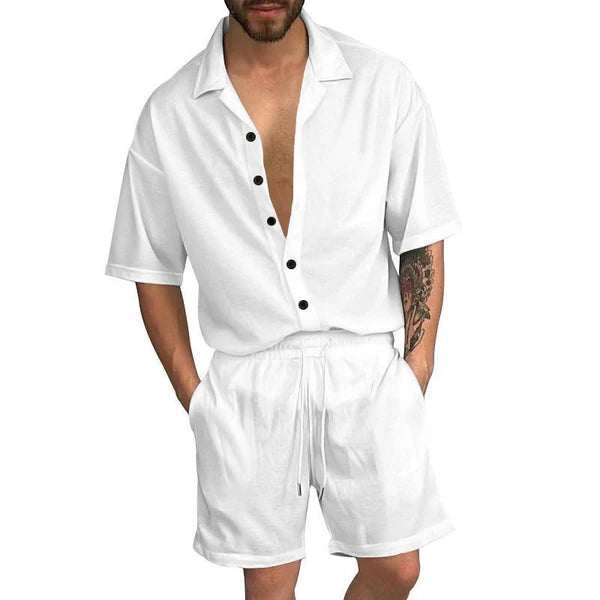 Casual Solid Color Lapel Short Sleeve Shirt Drawstring Shorts Set