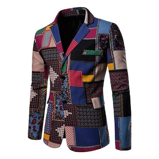 men's lapel ethnic print long sleeve thin blazer