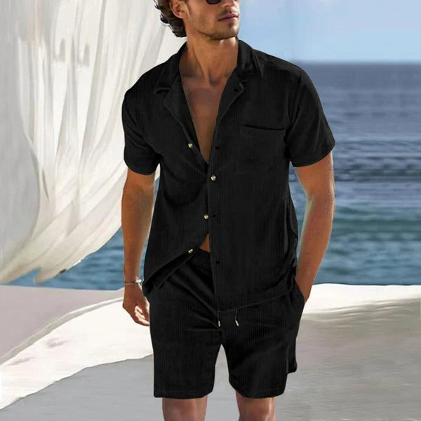 Solid Corduroy Lapel Short Sleeve Shirt Shorts Casual Set