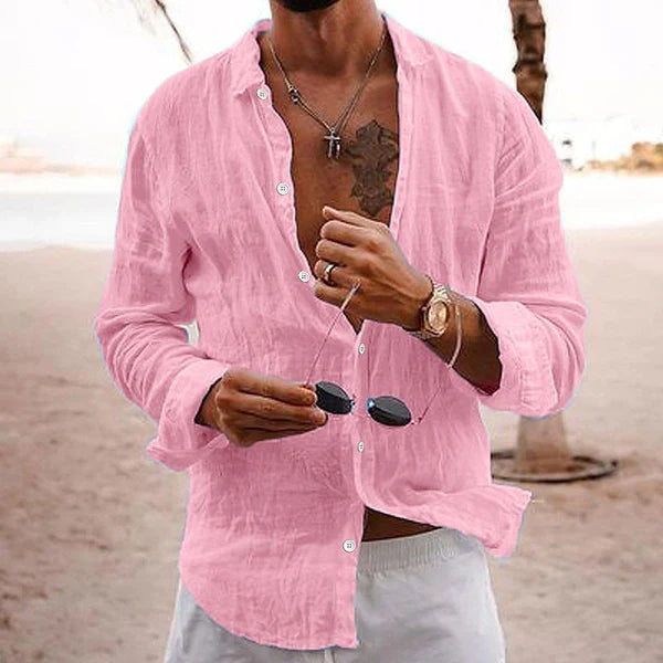 Casual Solid Color Lapel Cotton Linen Long-Sleeved Shirt