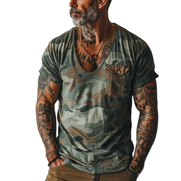 Vintage Camo Print V-Neck Chest Pocket Short Sleeve T-Shirt