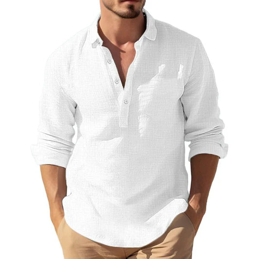 Casual Solid Color Cotton Linen Blend Lapel Long-Sleeved Shirt