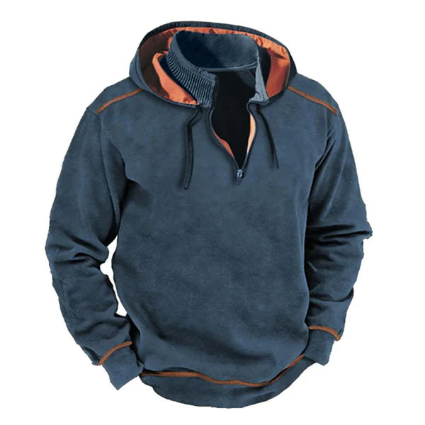 Men's Vintage Contrast Zipper Stand Collar Patchwork Hooded Sweatshirt