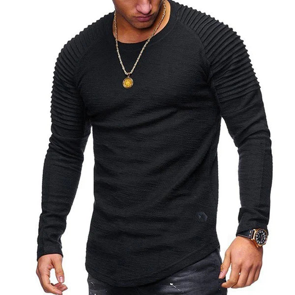 Casual Solid Color Pleated Stitching Round Neck Long Sleeve T-Shirt