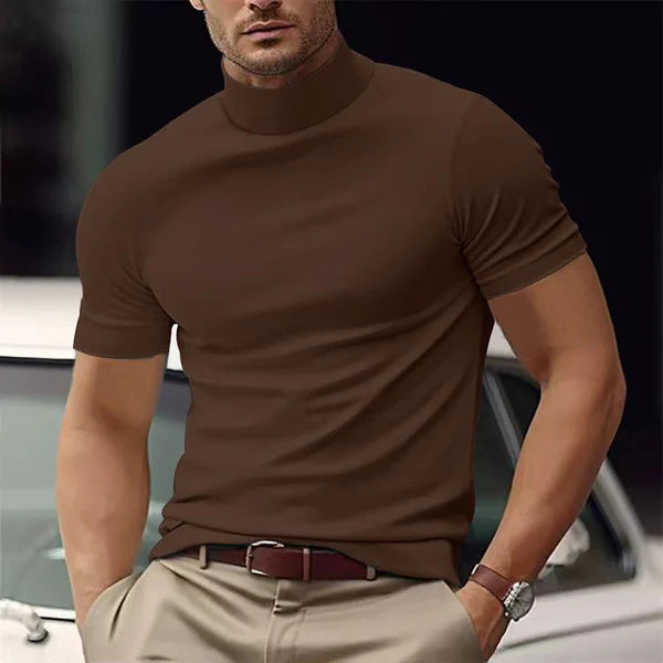 Solid Color Half Turtle Neck Slim Fit Short Sleeve T-Shirt