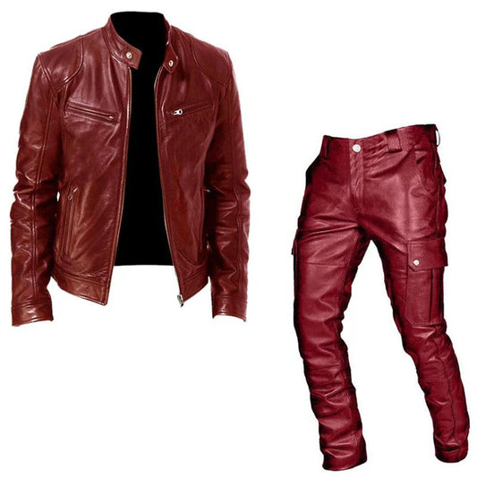 Vintage Rugged Style Leather Jacket Leather Pants Set