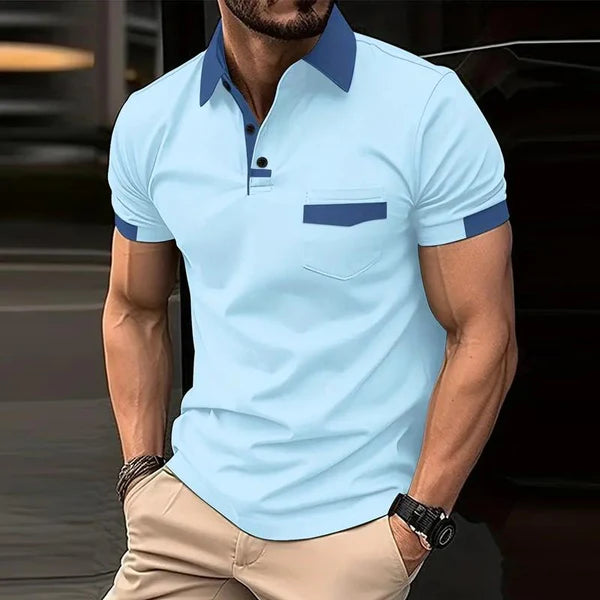 Casual Color Block Pocket Short Sleeve Polo Shirt