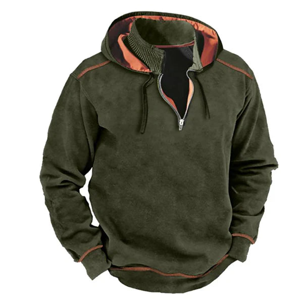 Men's Vintage Contrast Zipper Stand Collar Patchwork Hooded Sweatshirt