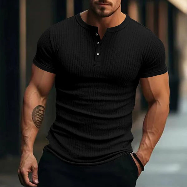 Casual Stretch Knit Short Sleeve Henley T-Shirt