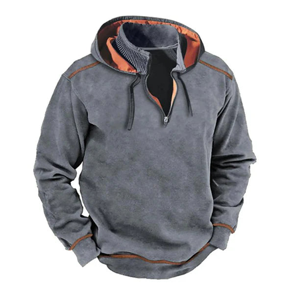 Men's Vintage Contrast Zipper Stand Collar Patchwork Hooded Sweatshirt