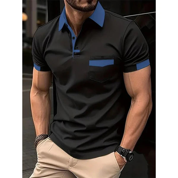 Casual Color Block Pocket Short Sleeve Polo Shirt