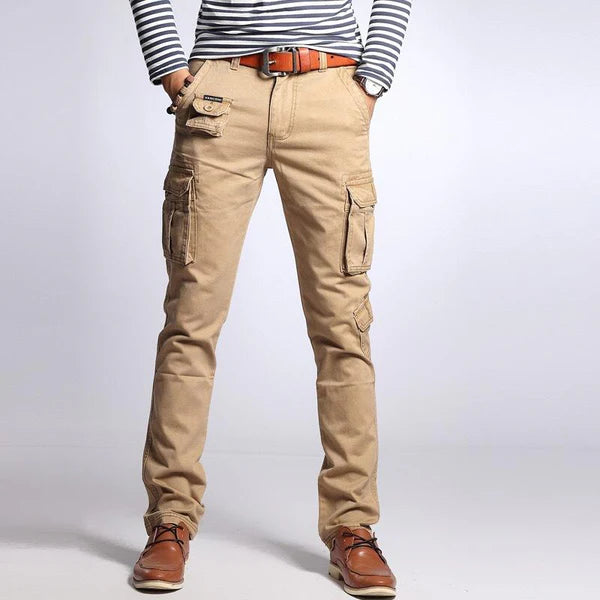 Solid Multi-pocket Cotton Slim Cargo Pants