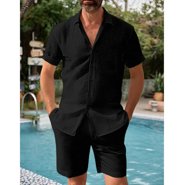 Cotton And Linen Short-Sleeved Shirt And Shorts Set - DUVAL