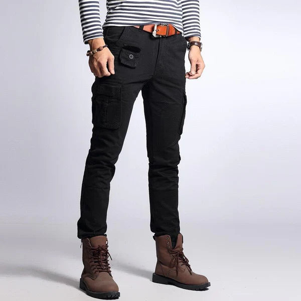 Solid Multi-pocket Cotton Slim Cargo Pants