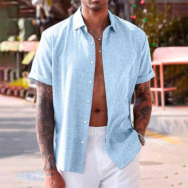 Solid Color Lapel Cotton Linen Short Sleeve Shirt