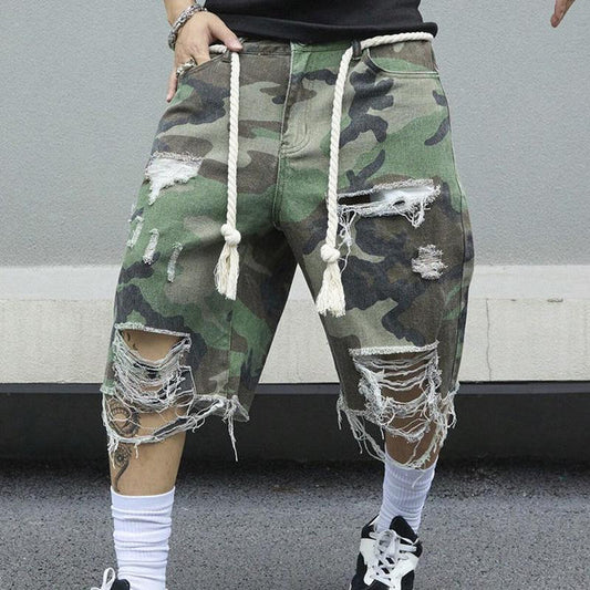 Camouflage Washed Ripped Cropped Trousers