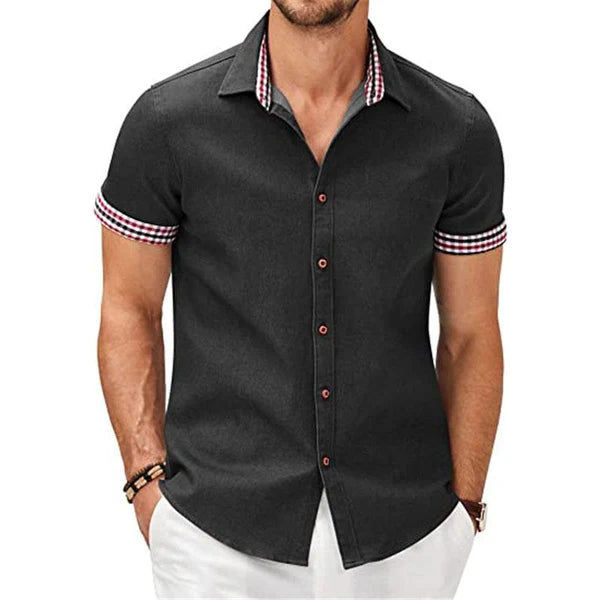 Casual Check Print Stitching Lapel Short Sleeve Shirt