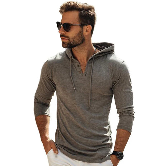 Men's Casual Cotton Blend Henley Collar Long Sleeve Hoodie