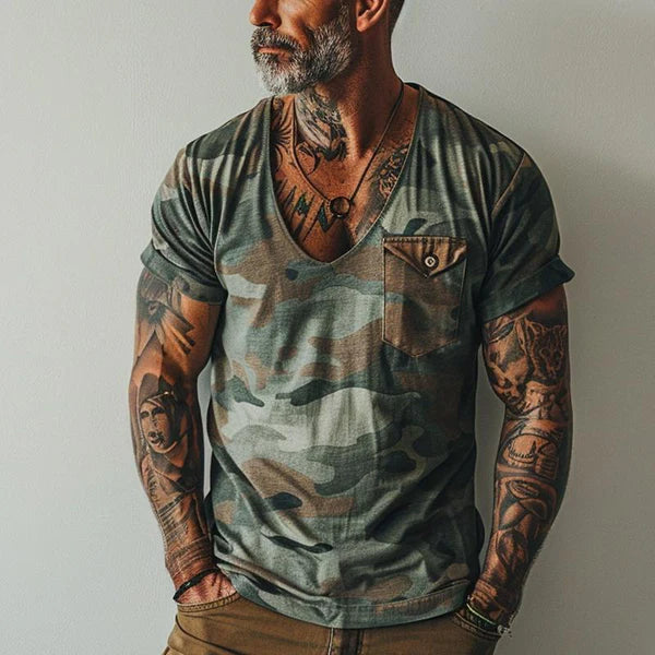 Vintage Camo Print V-Neck Chest Pocket Short Sleeve T-Shirt