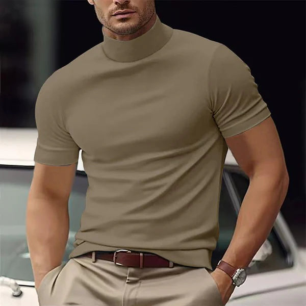 Solid Color Half Turtle Neck Slim Fit Short Sleeve T-Shirt