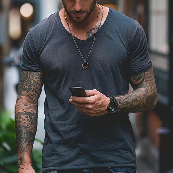 Vintage Distressed V-neck Short-sleeved T-shirt