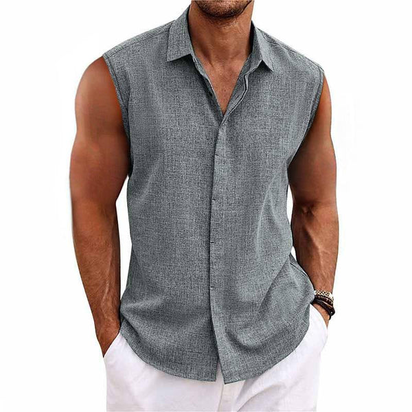 Solid Color Lapel Cotton and Linen Sleeveless Shirt