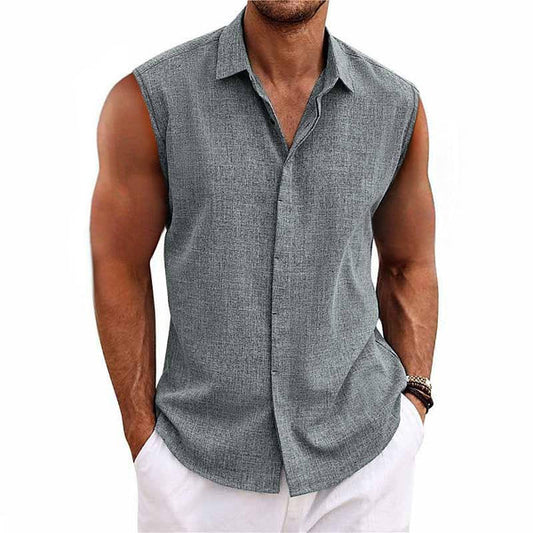 Solid Color Lapel Cotton and Linen Sleeveless Shirt