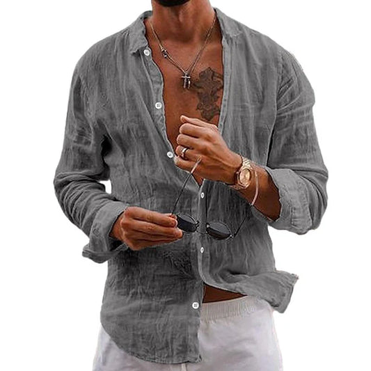 Casual Solid Color Lapel Cotton Linen Long-Sleeved Shirt