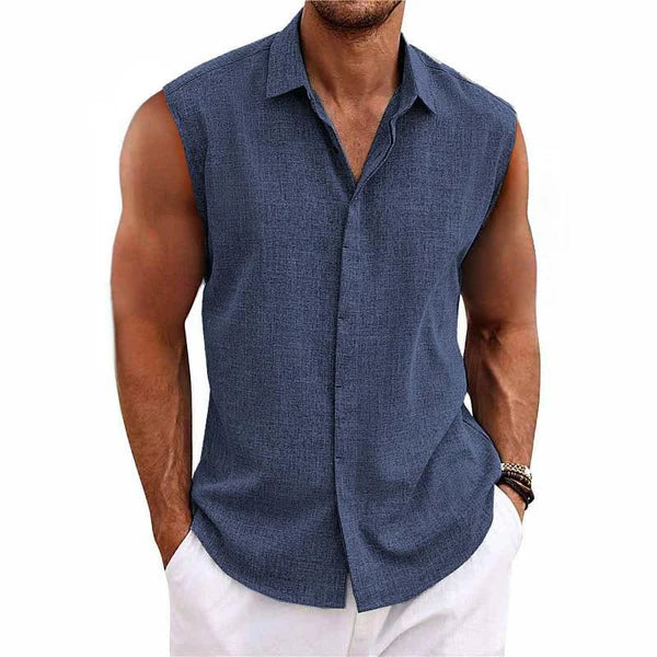 Solid Color Lapel Cotton and Linen Sleeveless Shirt