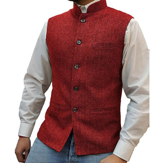 men's-stand-collar-herringbone-single-breasted-vest