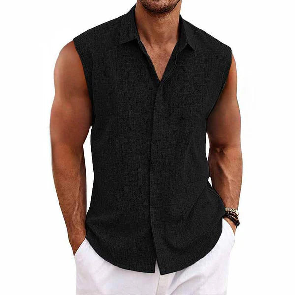 Solid Color Lapel Cotton and Linen Sleeveless Shirt