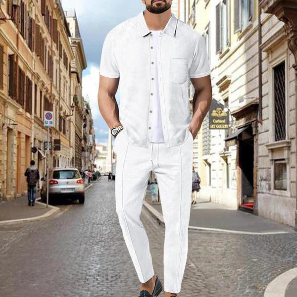 Waffle Solid Color Short Sleeve Shirt and Pants Set