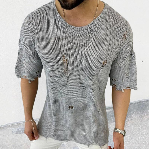 Casual Round Neck Short Sleeve Hollow Knit Pullover Sweater