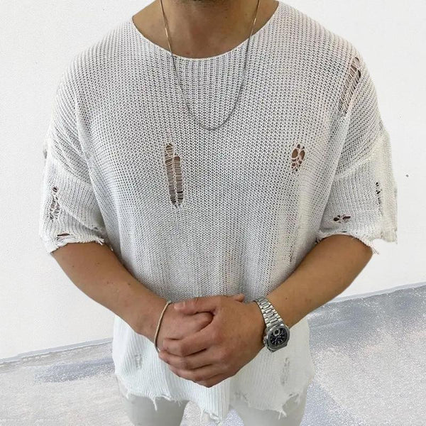 Casual Round Neck Short Sleeve Hollow Knit Pullover Sweater