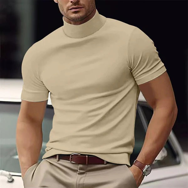 Solid Color Half Turtle Neck Slim Fit Short Sleeve T-Shirt