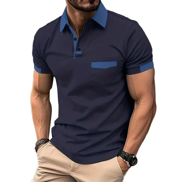 Casual Color Block Pocket Short Sleeve Polo Shirt - DUVAL